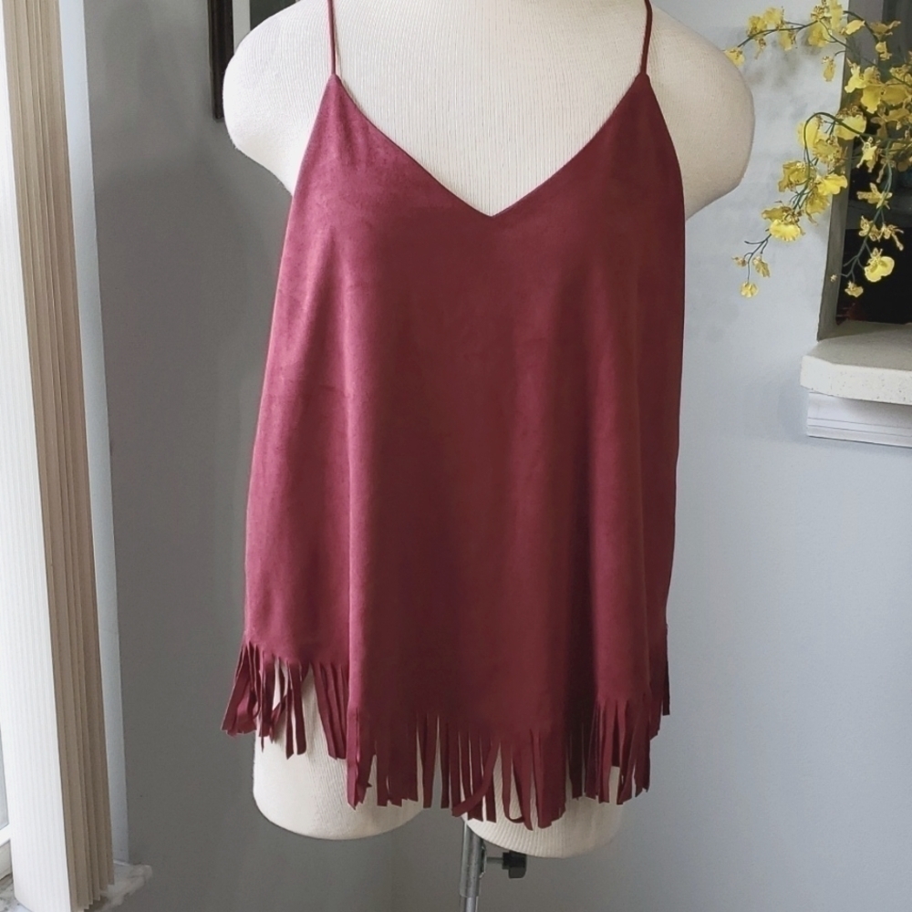 FRINGE TOP BY MIMIS, burgundy, spegett‎ straps. Size large. GOOD USED CONDITION.